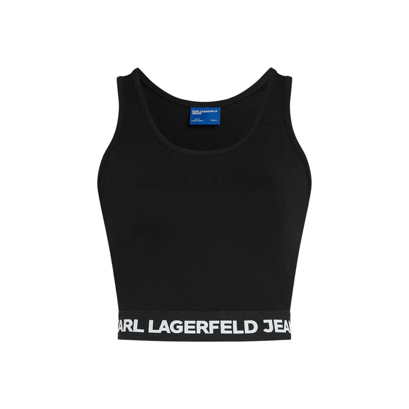 Noir karl lagerfeld jean crop top sans manches top en viscose avec une bande logo blanche à l'ourlet pour femmes