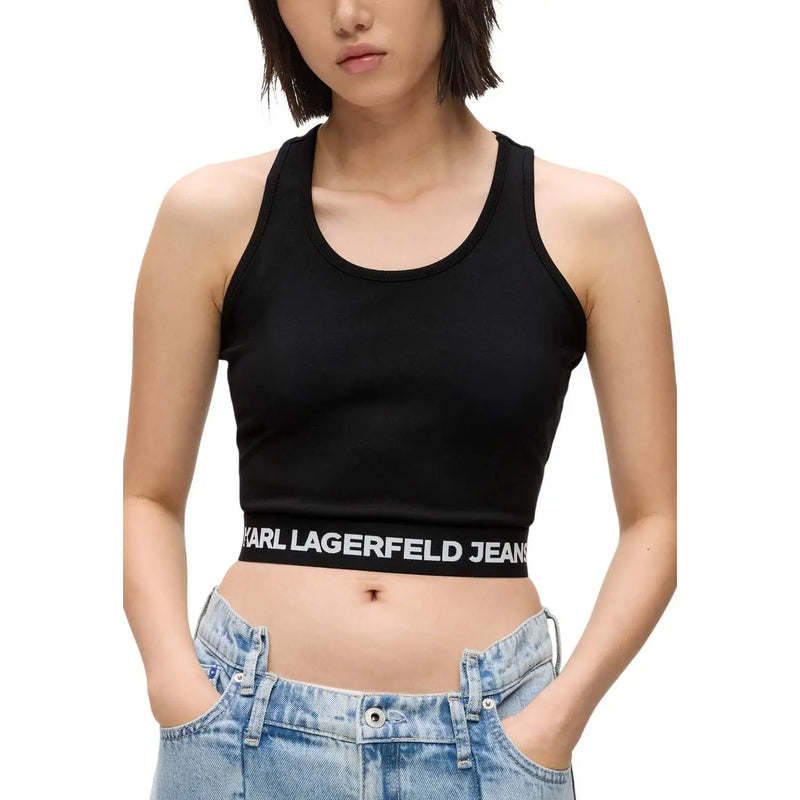 Noir karl lagerfeld jean crop top sans manches top en viscose avec une bande logo blanche à l'ourlet pour femmes