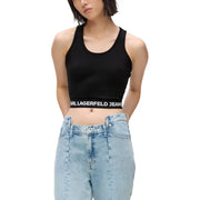Karl Lagerfeld Jeans femme sans manches top t-shirt court en viscose noire avec bande blanche griffée à la taille