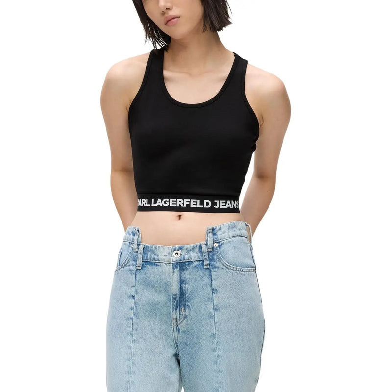 Karl Lagerfeld Jeans femme sans manches top t-shirt court en viscose noire avec bande blanche griffée à la taille
