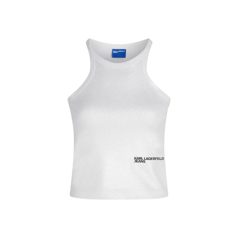 débardeur en maille côtelée blanche top avec du noir karl lagerfeld étiquette bleue sur le col et logo sur le jean