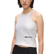 crop top blanc côtelé sans manches top en coton argenté avec du noir karl lagerfeld logo jeans en bas à gauche pour femmes