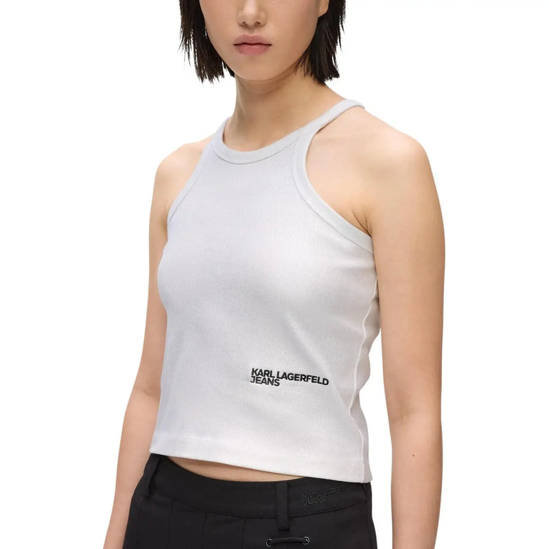 crop top blanc côtelé sans manches top en coton argenté avec du noir karl lagerfeld logo jeans en bas à gauche pour femmes