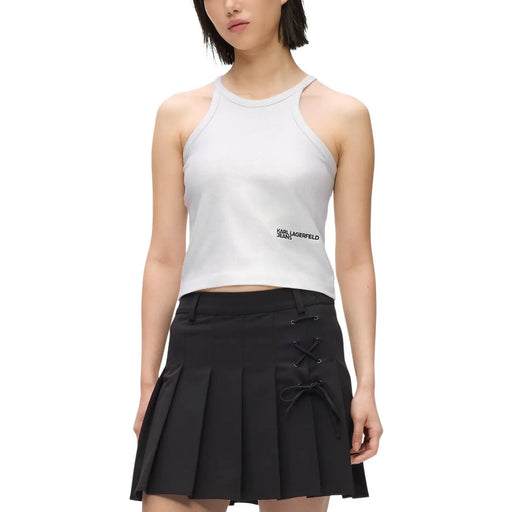 Blanc karl lagerfeld jean sans manches dos nu top avec logo noir sur la poitrine, en coton argenté pour femmes