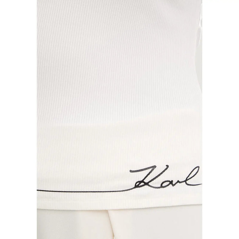 Gros plan sur un tissu en viscose côtelée blanche avec la signature Karl brodée en noir. karl lagerfeld jeans femme débardeur top