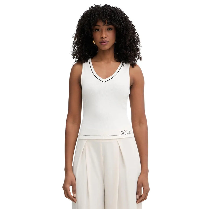 Karl Lagerfeld jeans femme débardeur top Débardeur beige en viscose avec bordure noire, col en V et logo brodé à la taille