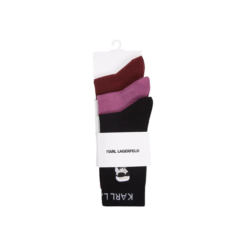 Karl Lagerfeld Sous-vêtements Jeans pour femme, lot de 3 paires de chaussettes en coton bordeaux, violet et noir avec logo tête de mort au niveau du poignet.