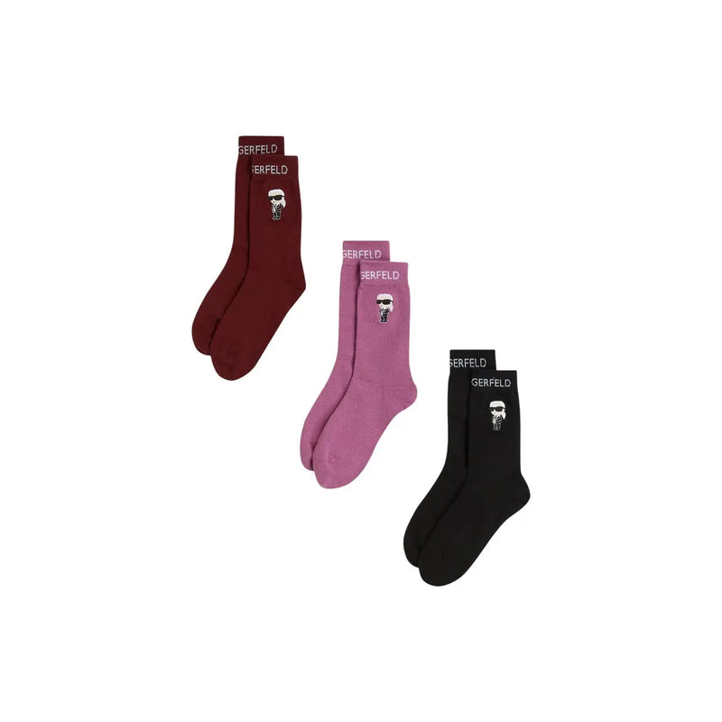 Ensemble de trois Karl Lagerfeld Chaussettes en coton bordeaux, mauve et noir avec des caricatures de dessins animés brodées sur la cheville