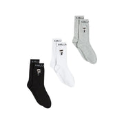 Ensemble de trois karl lagerfeld Chaussettes mi-mollet en coton noir, blanc et gris chiné avec logo silhouette de dessin animé à la cheville
