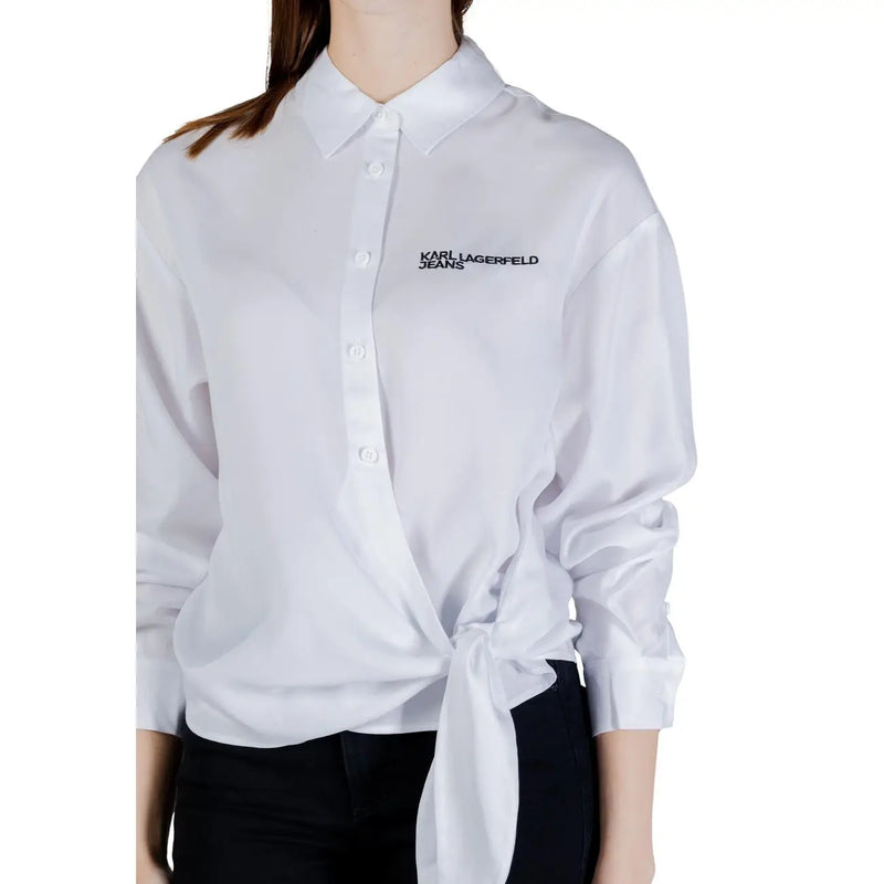 Karl Lagerfeld Jeans women white lyocell long button-down shirt with knotted front detail and black embroidered branding