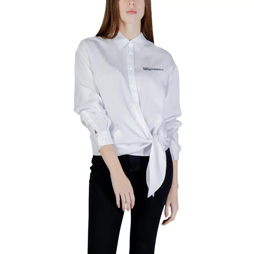 White Karl Lagerfeld long lyocell shirt for women with knotted front and black chest embroidery