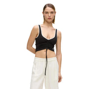 Karl Lagerfeld jean court noir froncé pour femme top avec des bordures blanches et une taille à cordon pour un style décontracté