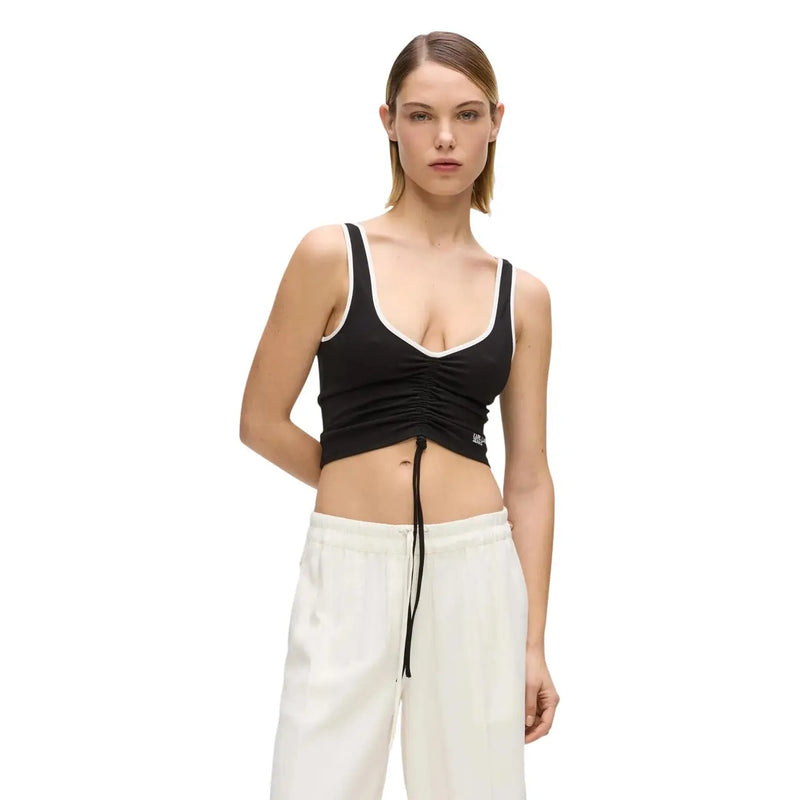 Karl Lagerfeld jean court noir froncé pour femme top avec des bordures blanches et une taille à cordon pour un style décontracté