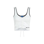 Blanc karl lagerfeld soutien-gorge court froncé en jean top avec col en V, bordure noire et détail de nœud sur le devant pour femmes