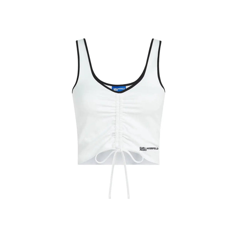 Blanc karl lagerfeld soutien-gorge court froncé en jean top avec col en V, bordure noire et détail de nœud sur le devant pour femmes
