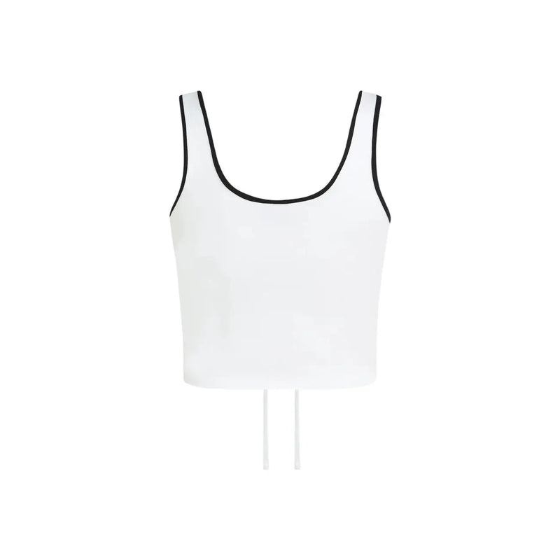brassière blanche froncée top par Karl Lagerfeld Jean avec bordure noire à l'encolure et aux emmanchures laissant apparaître un cordon de serrage au dos