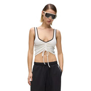 coupe froncée blanche top avec bordure noire et détail de cordon de serrage par Karl Lagerfeld soutien-gorge froncé blanc en jean pour femme top col en V