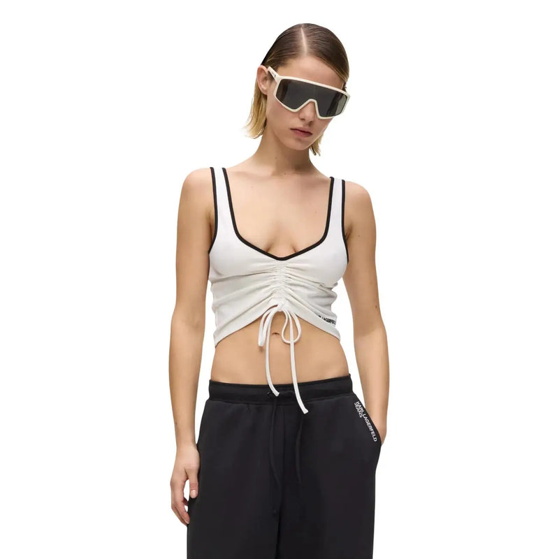 coupe froncée blanche top avec bordure noire et détail de cordon de serrage par Karl Lagerfeld soutien-gorge froncé blanc en jean pour femme top col en V