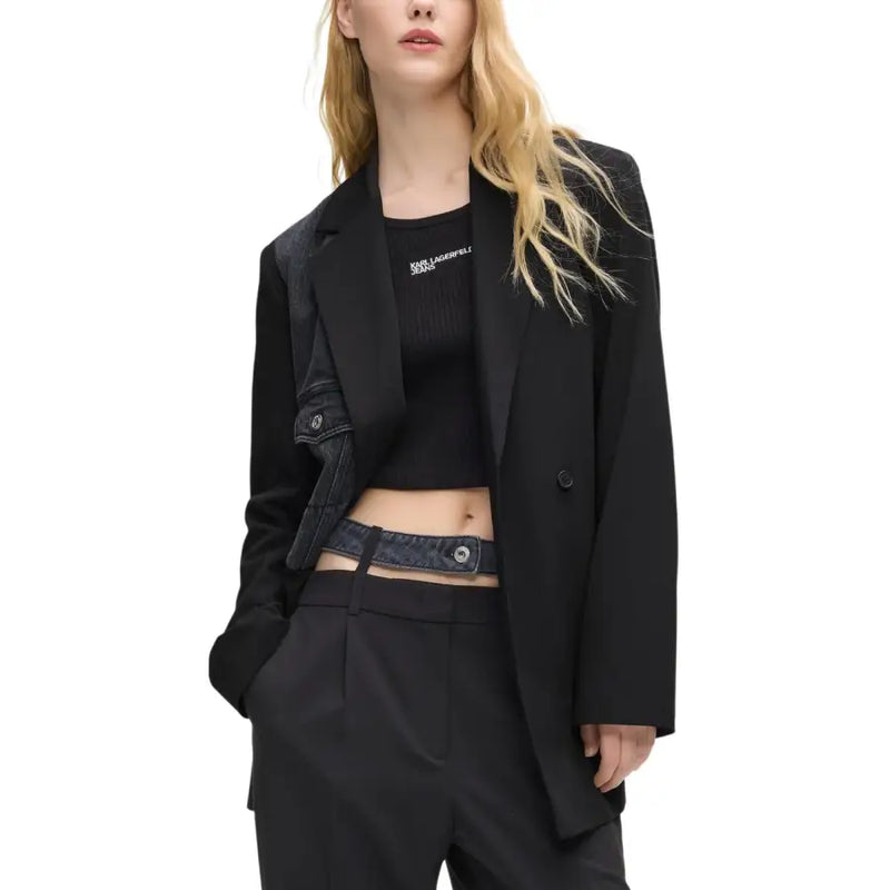 Karl Lagerfeld Blazer noir pour femme en jean, col à revers et empiècements en denim aux épaules.