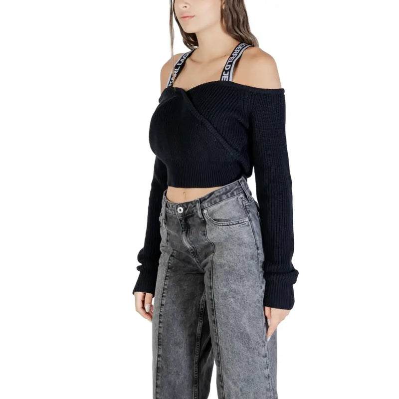 Karl Lagerfeld Jeans womens long black cotton wool knit sweater with ribbed off-shoulder crop top and striped straps