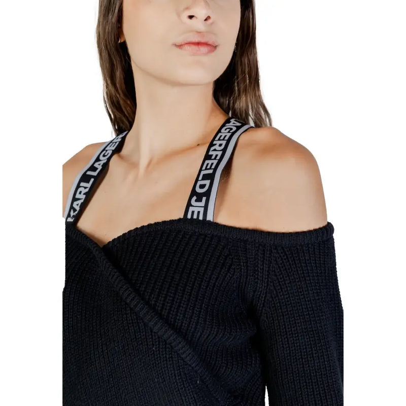 Karl lagerfeld jeans womens long black cotton wool knit sweater with ribbed off-the-shoulder top and striped branded straps