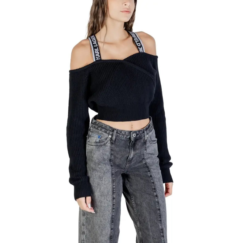 Black ribbed knit off-the-shoulder crop top with branded shoulder straps in Karl Lagerfeld Jeans cotton wool sweater style