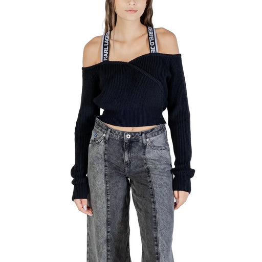 Black Karl Lagerfeld Jeans womens off-the-shoulder ribbed knit crop top with branded shoulder straps in cotton wool blend