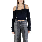 Black ribbed off-the-shoulder sweater with branded shoulder straps for women