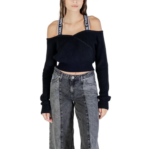 Black ribbed off-the-shoulder sweater with branded shoulder straps for women