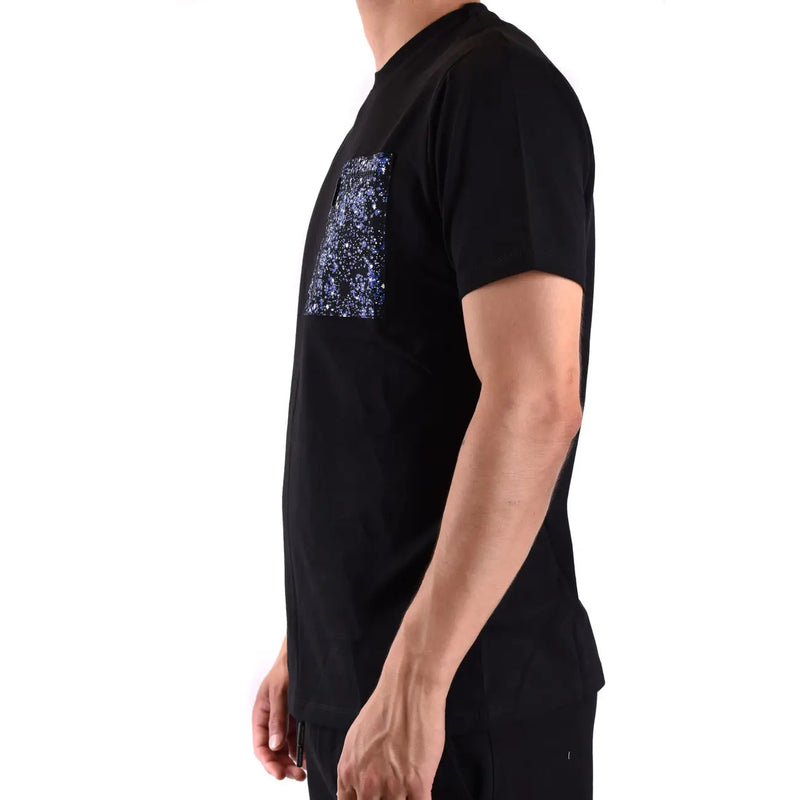 Karl Lagerfeld T-shirt noir en coton pour homme, manches courtes, avec un écusson de poitrine bleu pailleté.