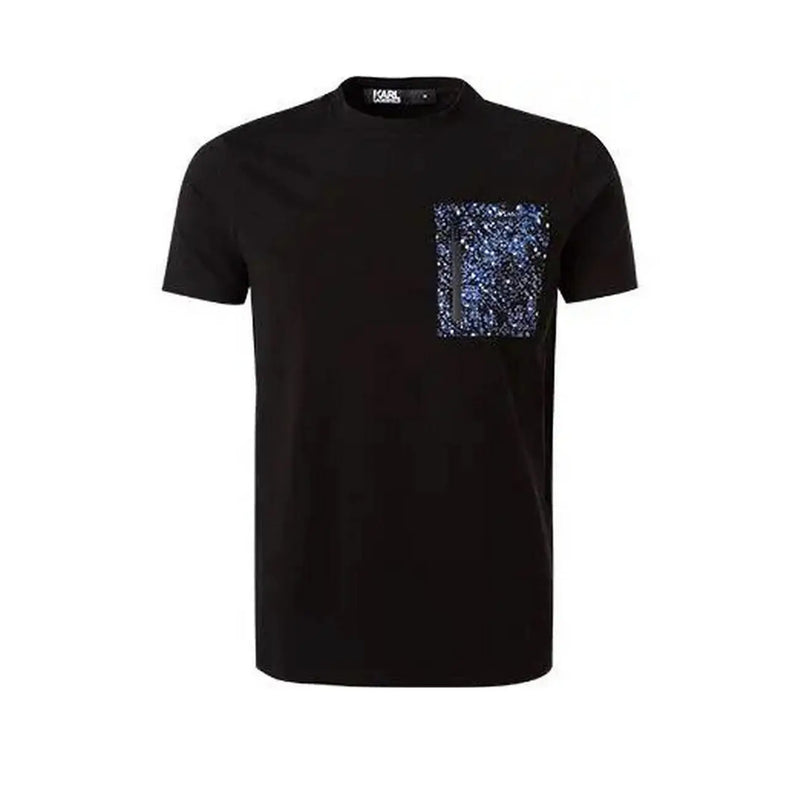 Karl Lagerfeld T-shirt noir en coton pour homme avec une poche avant ornée de sequins bleus scintillants.