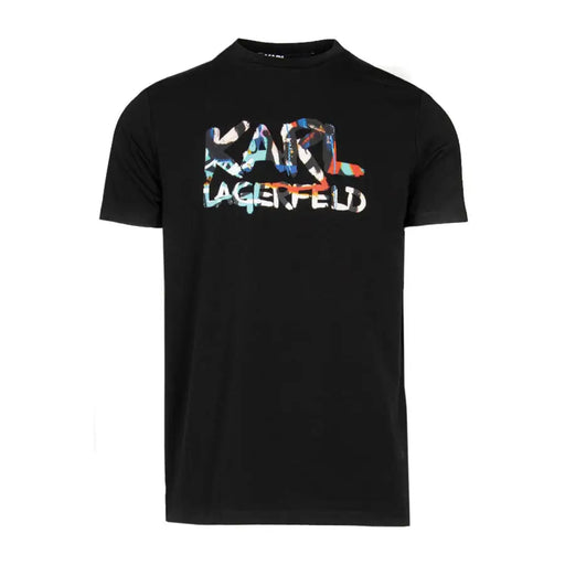 Noir Karl Lagerfeld hommes t-shirt avec un logo dynamique de style graffiti et des éclaboussures multicolores bleues, oranges et blanches