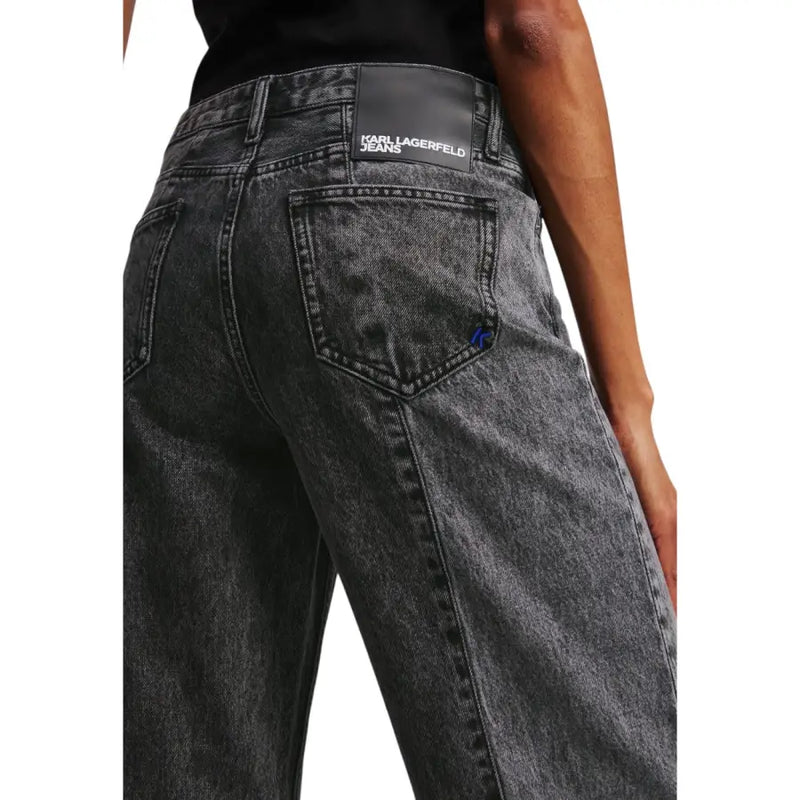 Dark gray washed denim Karl Lagerfeld women black cotton jeans with black leather patch and blue embroidered logo on back