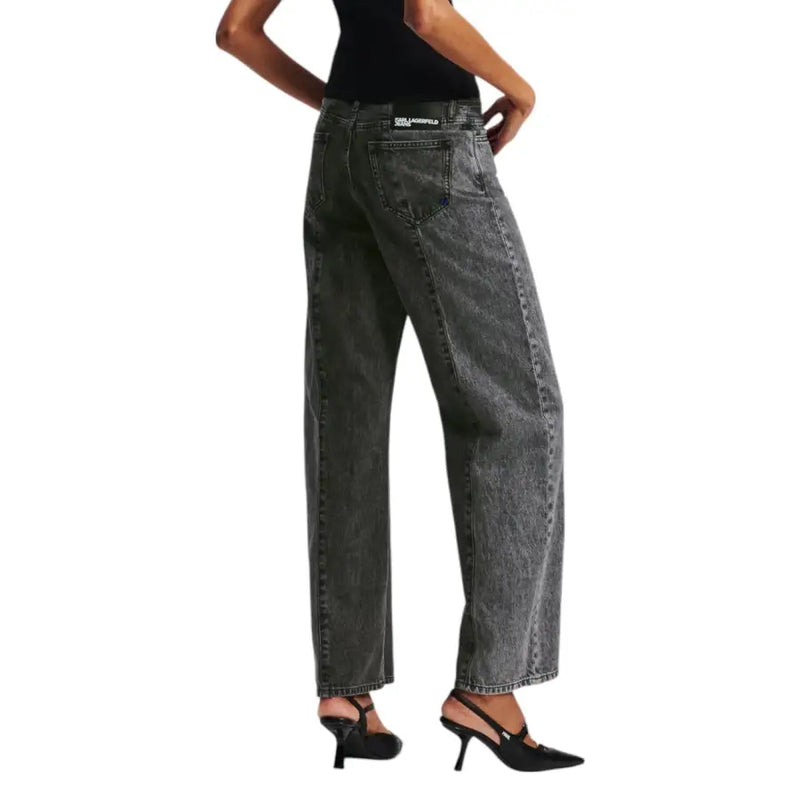 Karl Lagerfeld women black cotton jeans in dark gray wide-leg denim with faded wash and visible stitching