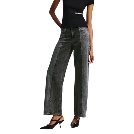Karl Lagerfeld women black cotton jeans in dark gray wide-leg denim with faded wash and visible stitching