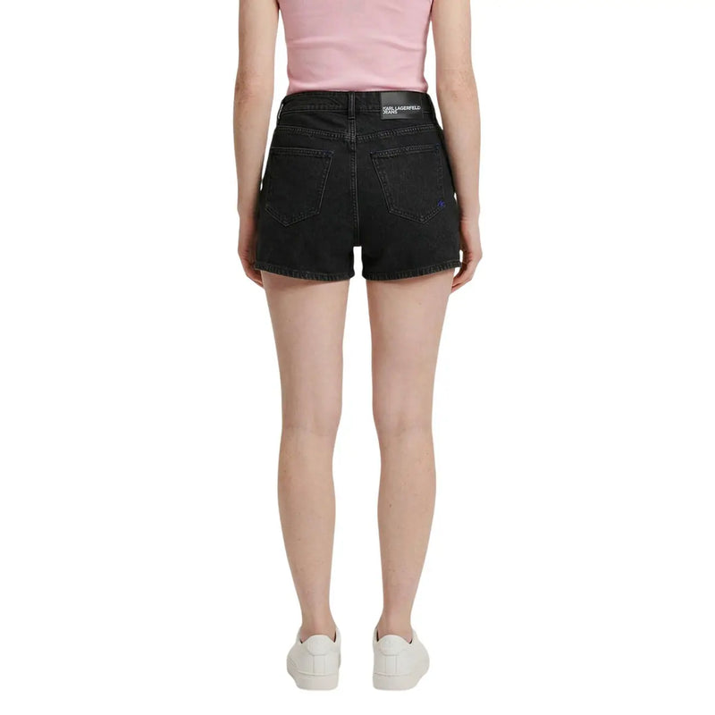Black denim women cotton shorts with high waist and back pockets featuring karl lagerfeld logo on belt loop back view