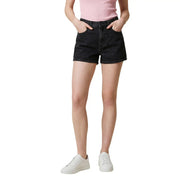 Black high-waisted cotton denim shorts by Karl Lagerfeld with classic five-pocket design and frayed hem