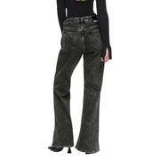 Karl Lagerfeld women’s black cotton wide-leg jeans with faded distressed finish and contrasting white stitching