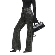 Karl lagerfeld women’s black cotton wide-leg jeans with faded distressed finish and visible stitching details