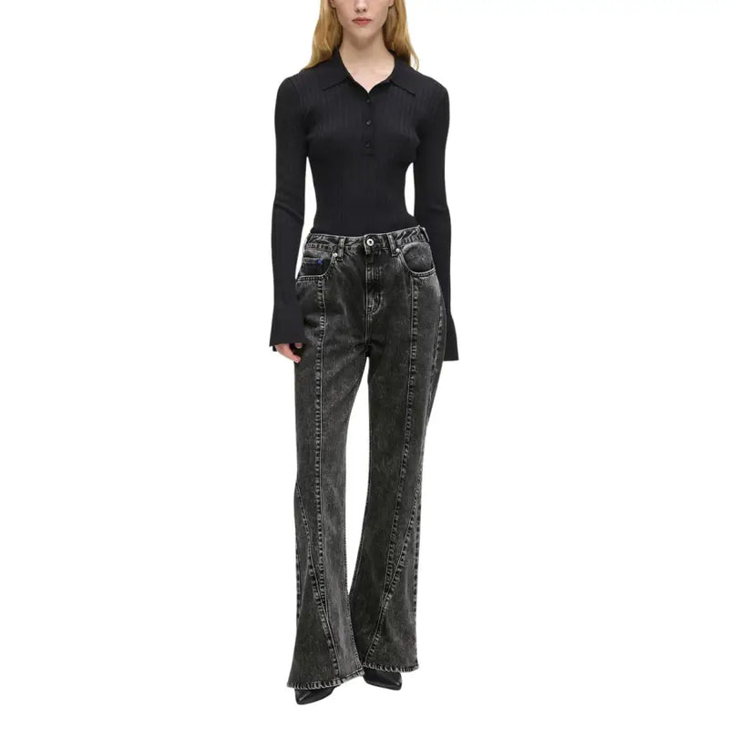 Black ribbed knit long-sleeve polo shirt with classic collar and button front for Karl Lagerfeld women’s cotton jeans