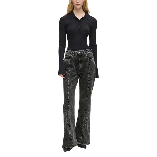 Black ribbed knit long-sleeve polo shirt with classic collar and button front for Karl Lagerfeld women’s cotton jeans