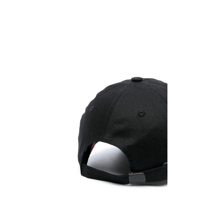 Black baseball cap with adjustable strap and button closure, likely made of cotton or polyester.