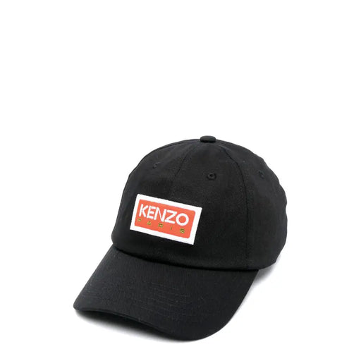 Black kenzo baseball cap with orange logo and white text.