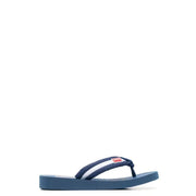 Tongs Kenzo bleu marine pour homme, avec bande blanche et logo rouge sur bride en caoutchouc, idéales pour un style décontracté.