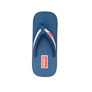 Sandales Kenzo pour homme, tongs bleues à rayures blanches et logo rouge.