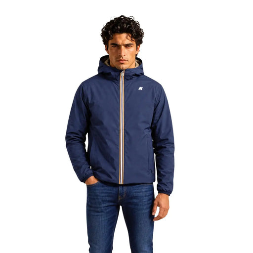 Veste blazer à capuche zippée bleu marine pour homme Kway en polyester avec fermeture éclair beige et logo discret sur la poitrine