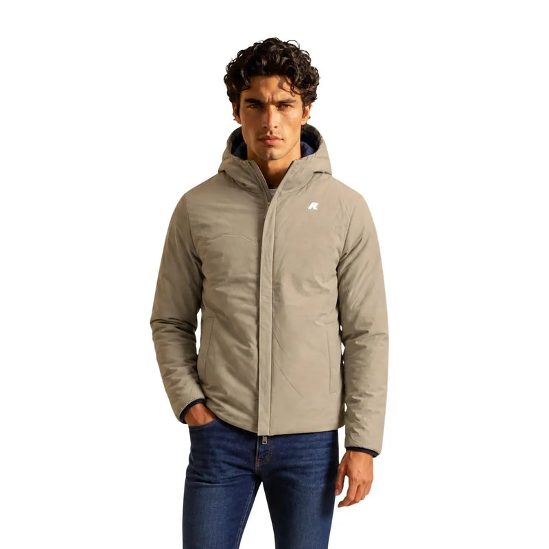 Doudoune beige à capuche avec logo blanc discret sur la poitrine, style blazer zippé à capuche bleu en polyester pour homme de la marque Kway.