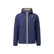 Veste blazer zippée à capuche en polyester bleu marine avec fermeture éclair et doublure beige, ornée d'un logo minimaliste sur la poitrine, signée Kway Men.