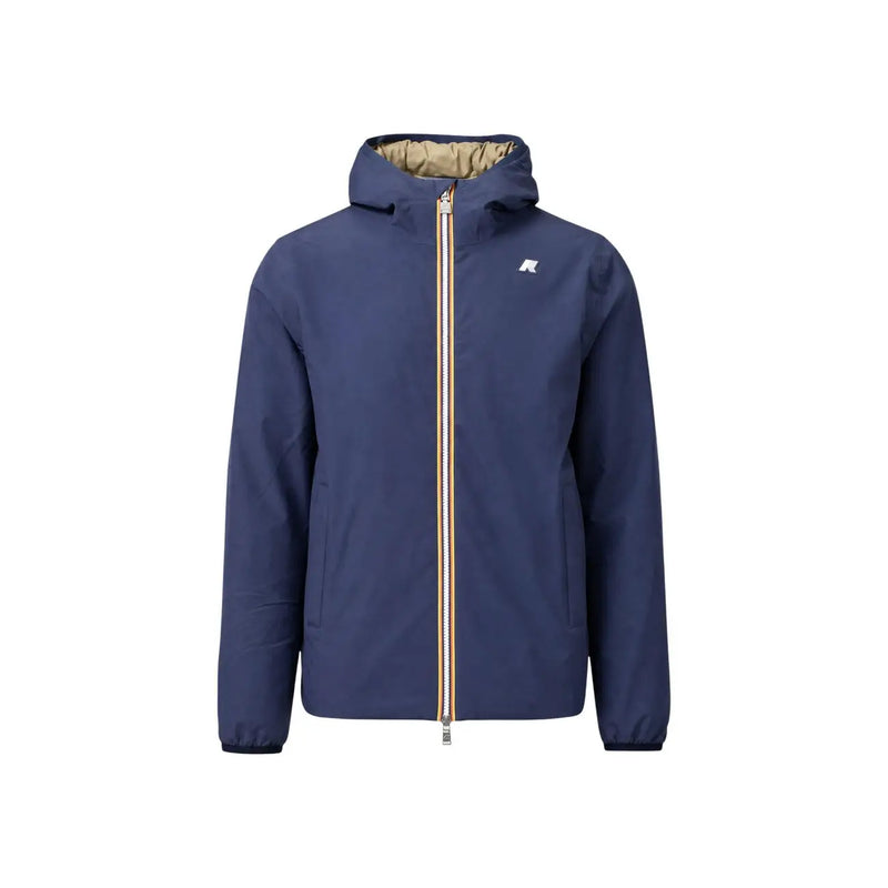 Veste blazer zippée à capuche en polyester bleu marine avec fermeture éclair et doublure beige, ornée d'un logo minimaliste sur la poitrine, signée Kway Men.
