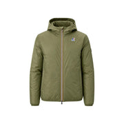 Doudoune à capuche vert olive avec fermeture éclair à rayures dorées et noires et logo K-Way sur la poitrine gauche, en nylon polyester